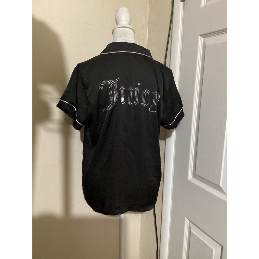 Juicy Couture Black Satin Pajama Top Rhinestone Logo Pink Piping Short Sleeve M